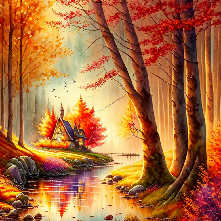 Golden-hued autumn trees by tranquil river near quaint cottage