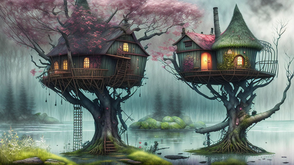 Colorful Roof Treehouses in Misty Forest with Lake & Pink Trees