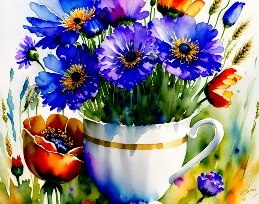 Vibrant watercolor wildflower bouquet in white teacup