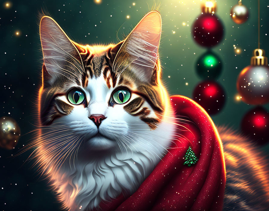 Majestic Cat in Red Christmas Cloak with Green Eyes and Ornaments