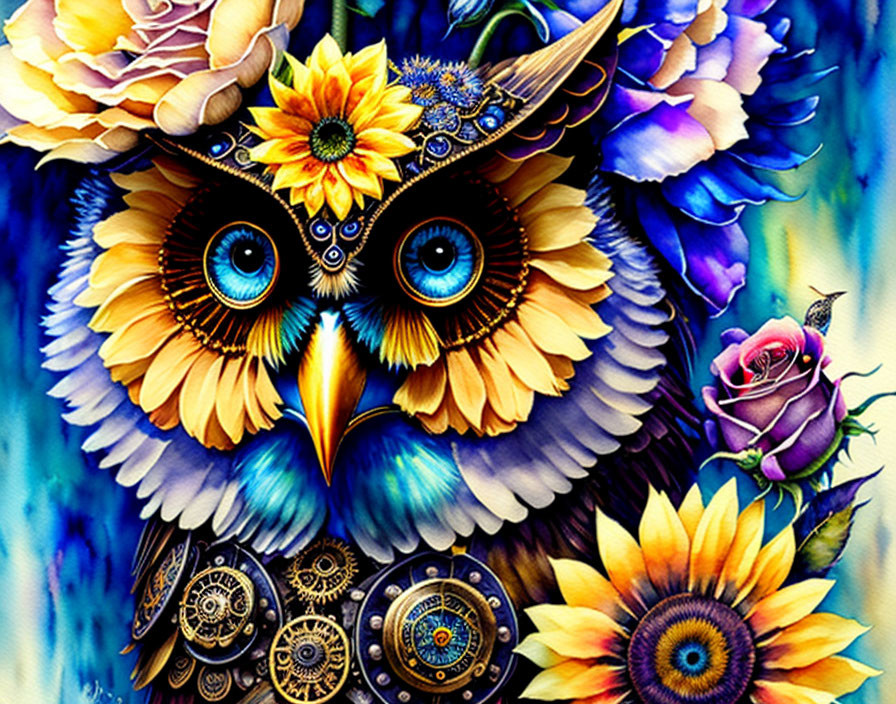 Colorful Mechanical Owl with Floral Gears on Blue Background