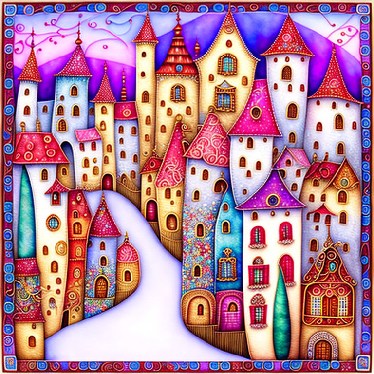 Fantastical castle town illustration with colorful spires & starry sky