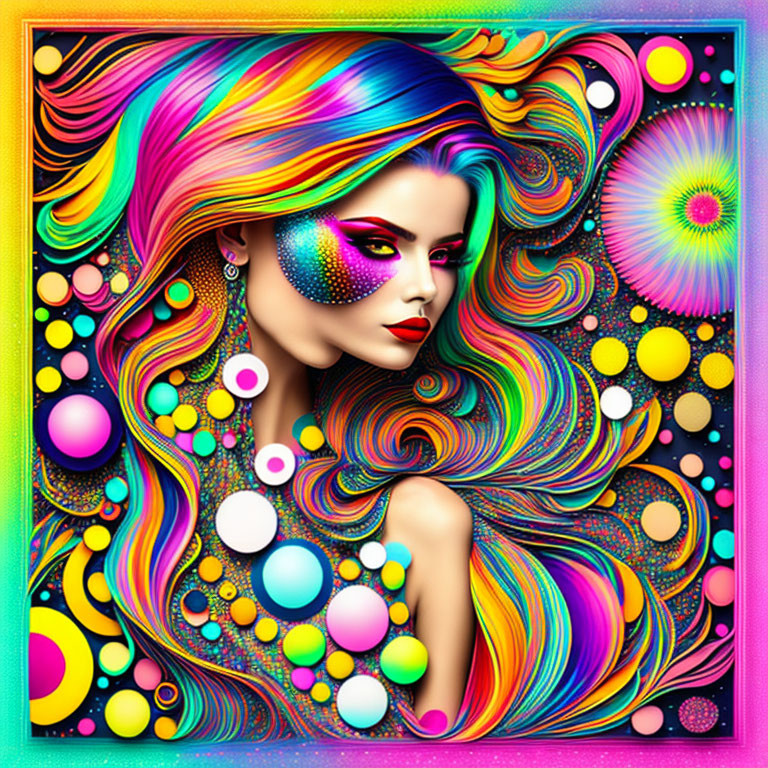 Colorful digital artwork: Woman with rainbow hair & sparkly makeup on psychedelic background