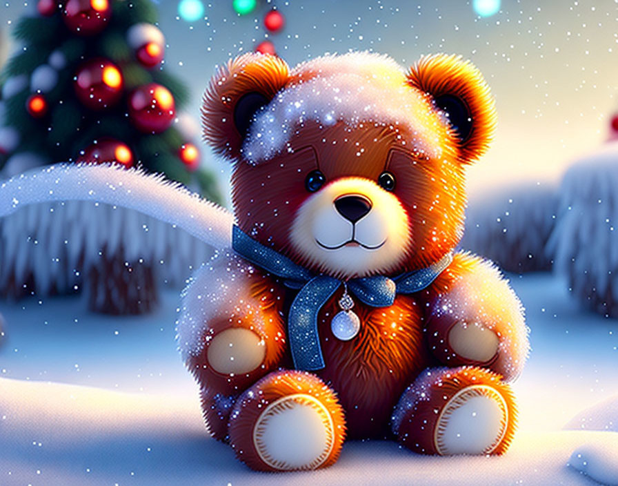 Plush Teddy Bear in Snowy Christmas Scene