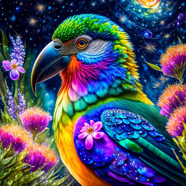 Colorful Bird Illustration in Fantastical Setting