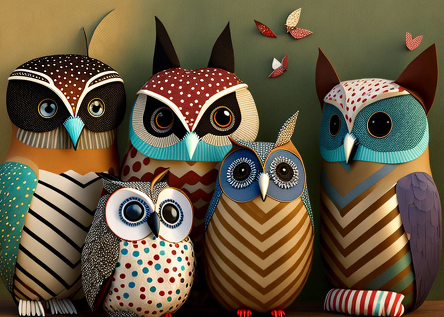 Colorful Stylized Owl Figurines in a Row