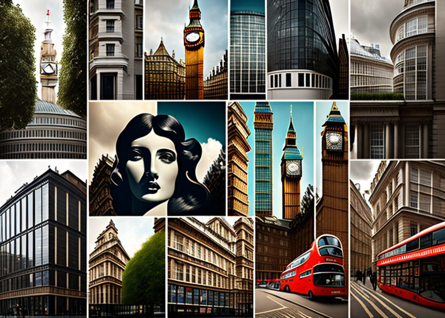 London Landmarks Collage: Big Ben, Red Buses, Modern Architecture, Art Deco Woman