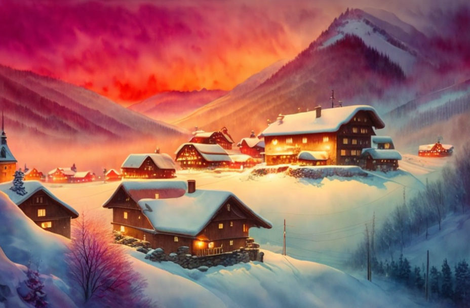 Snowy Village Dusk Scene with Illuminated Houses and Mountain Backdrop