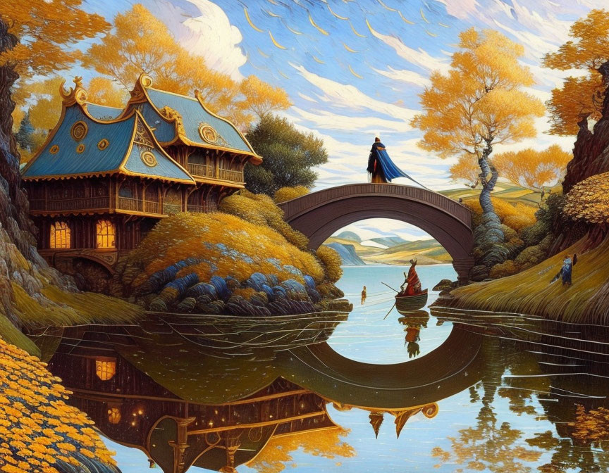 Tranquil autumn landscape with bridge, river, boat, colorful trees, and house