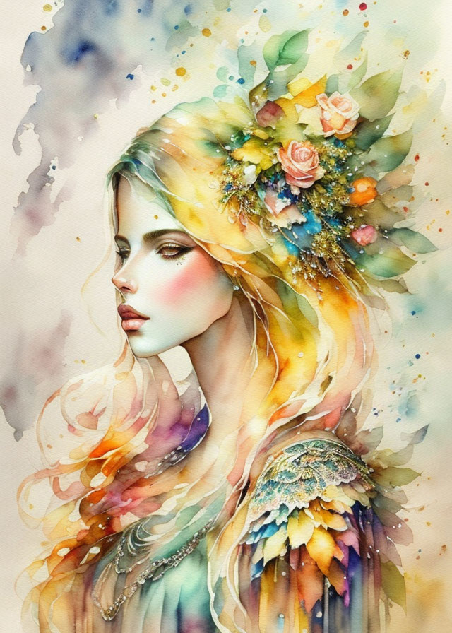 Vibrant watercolor illustration of woman with flowing floral hair and abstract patterns