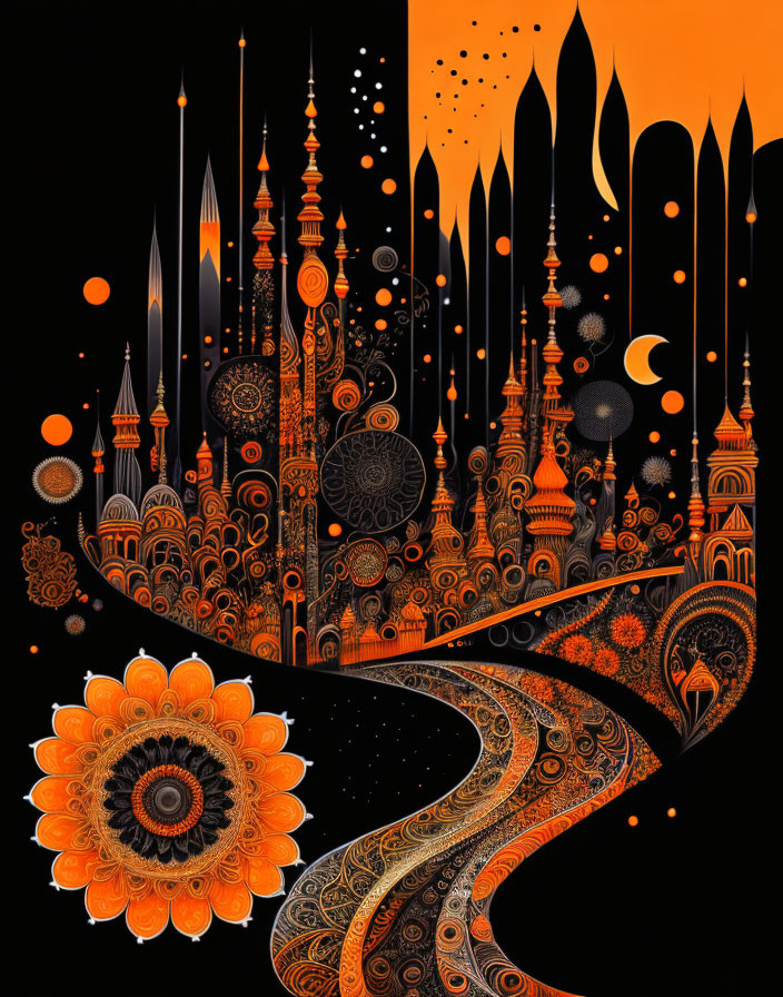 Intricate Artwork of Ornate Towers and Spire with Orange Flower