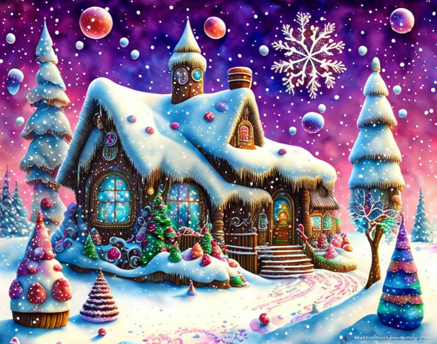 Snow-covered cottage and magical snowflake in whimsical winter scene