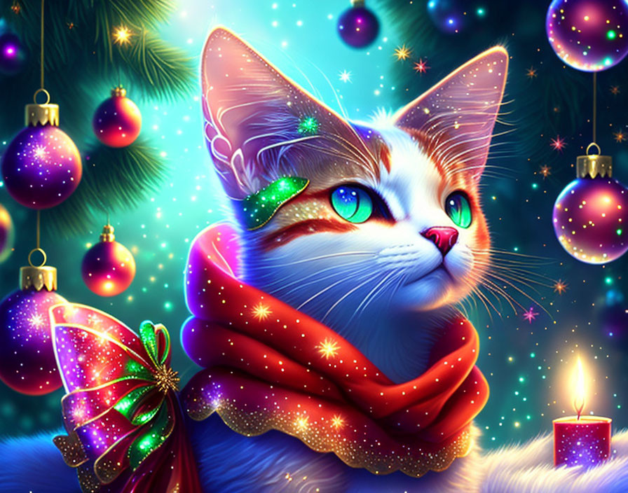 Festive cat illustration with Christmas decorations