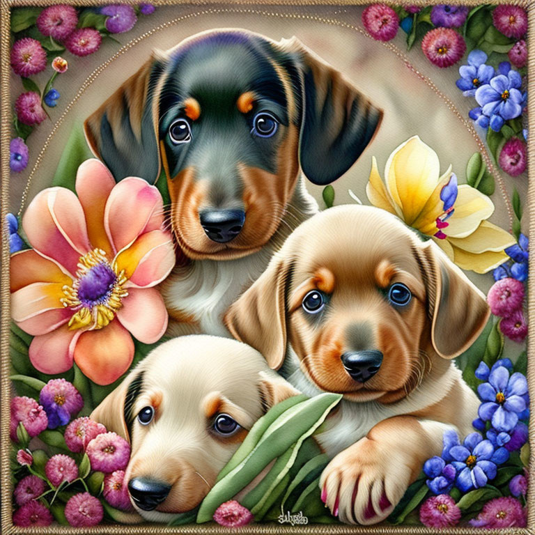 Three puppies with flowers and butterfly in intricate border design