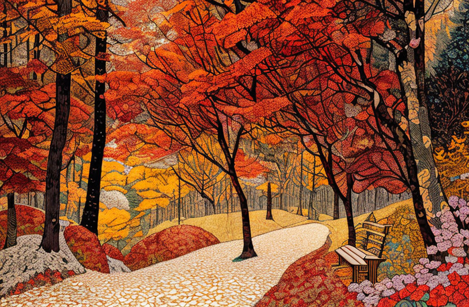 Detailed autumn park scene with winding path, colorful trees, wooden bench.