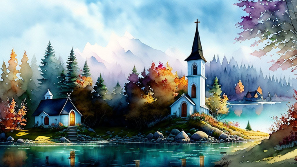 Tranquil watercolor: church near lake, autumn trees, misty mountains