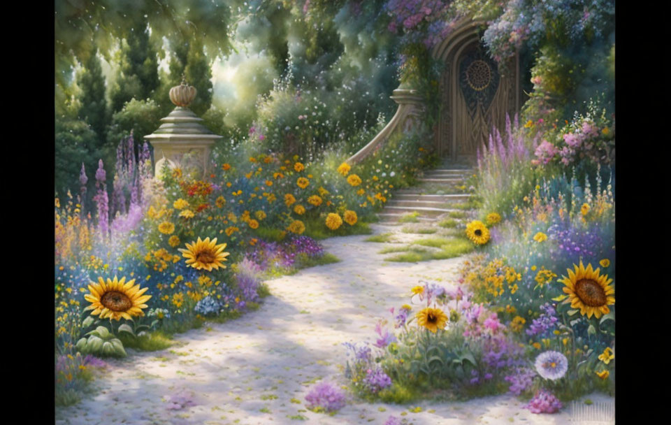 Tranquil garden path with vibrant flowers and ornate gate