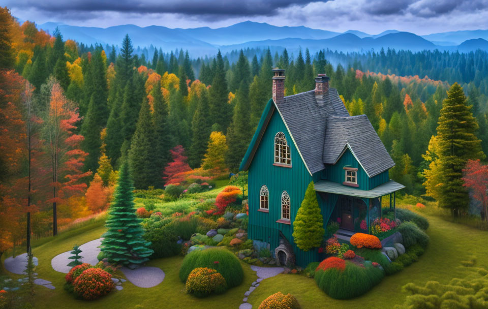 Green house in vibrant autumn landscape with colorful trees and misty mountains