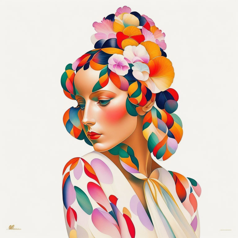 Vibrant woman illustration with floral hair and abstract patterns