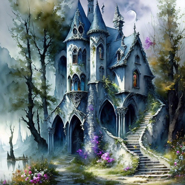 Fantasy castle in misty forest with crescent moons and vibrant flora