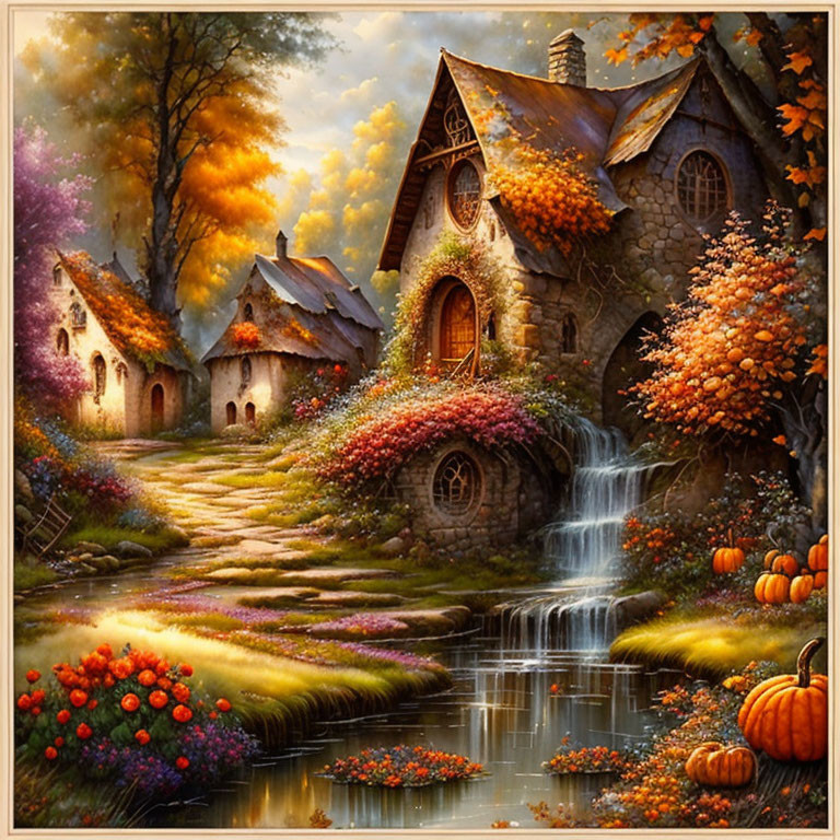 Picturesque village with stone cottages, waterfall, stream, autumn foliage, pumpkins, and flowers