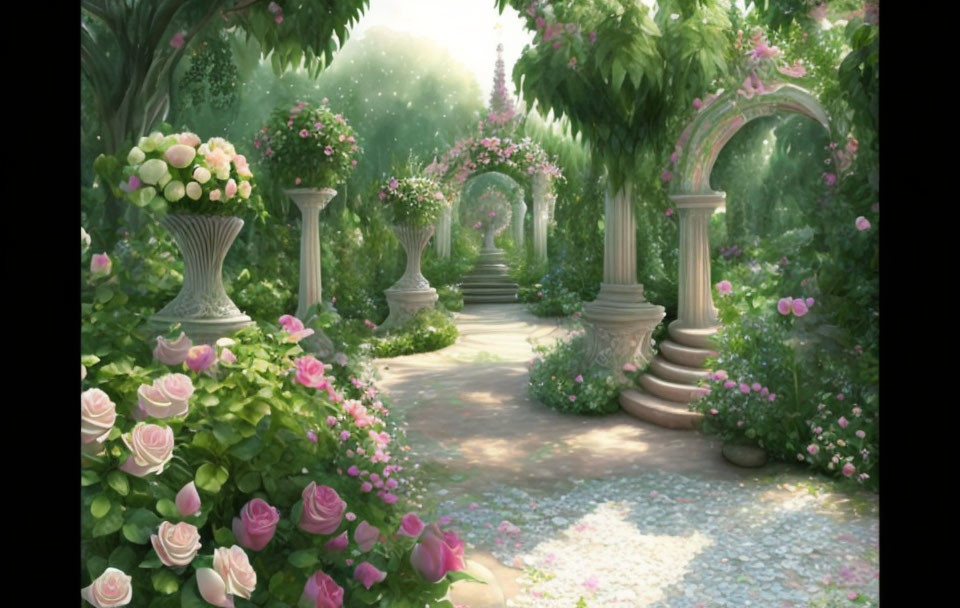 Tranquil garden pathway with stone arches, greenery, and pink roses