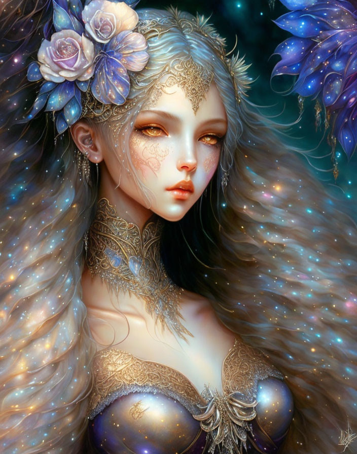 Fantasy artwork: Woman with starry hair, floral headpiece, gold adornments