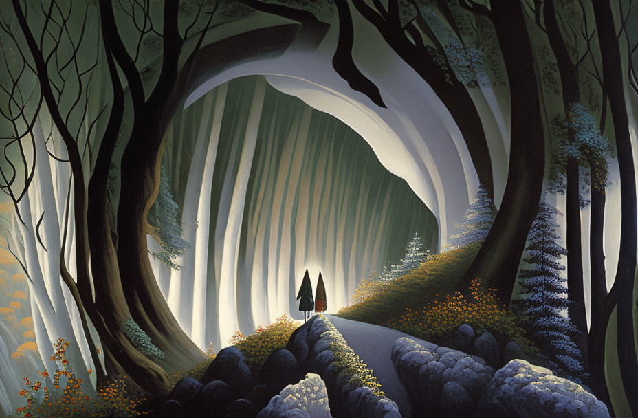 Stylized painting of two figures in vibrant forest tunnel