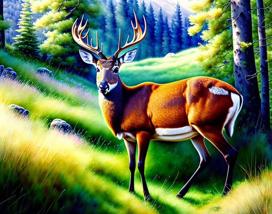 Majestic deer with prominent antlers in lush forest clearing