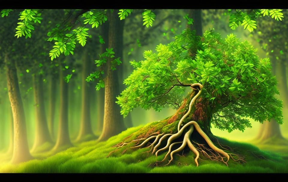 Illustration: Vibrant magical forest with lush green trees and intricate roots