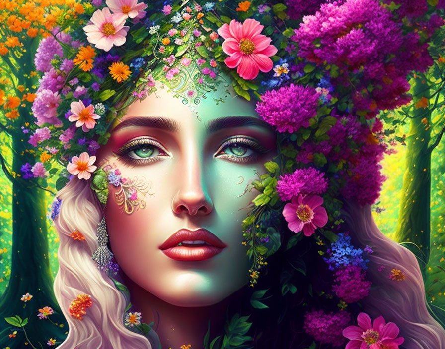 Colorful digital artwork of woman with floral crown and nature-inspired makeup