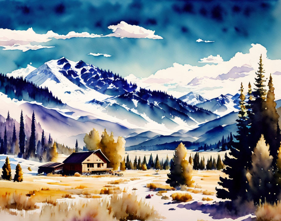 Tranquil mountain landscape with cabin in watercolor