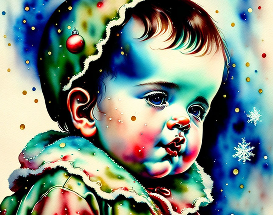 Baby in Winter Clothing with Snowflake and Holiday Decorations on Dotted Background