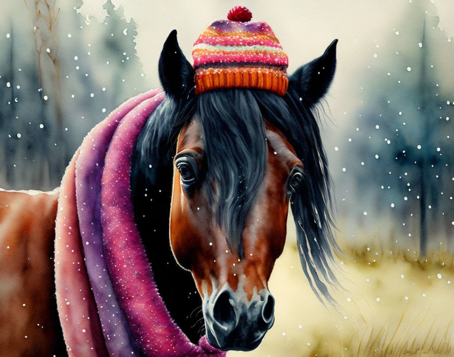 Brown Horse Wearing Knitted Cap and Scarf in Snowfall