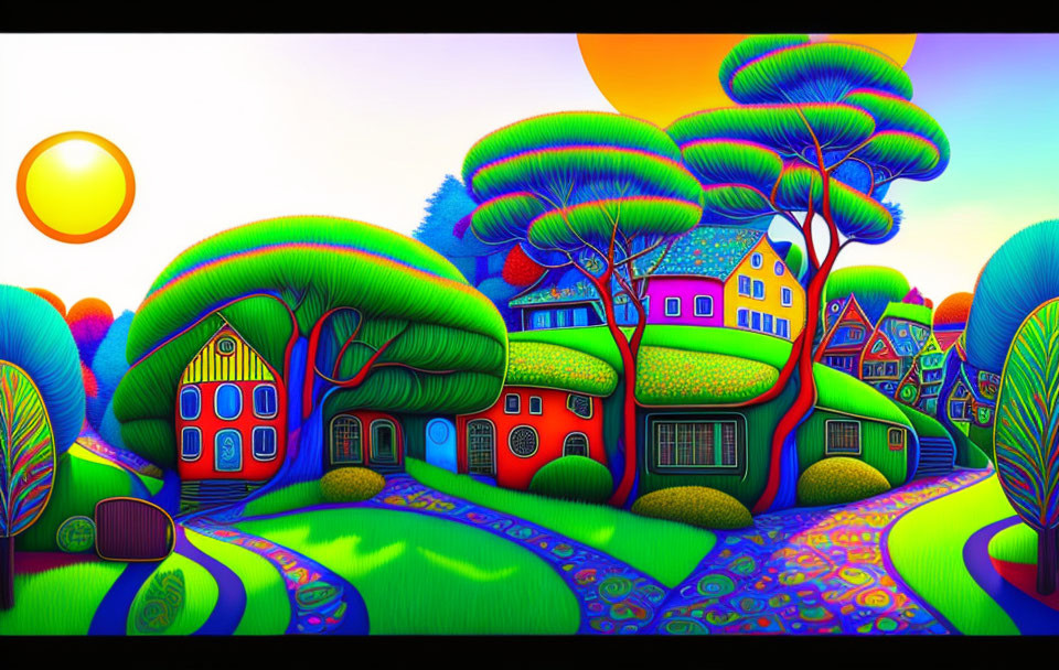 Colorful Stylized Landscape with Trees, Houses, and Sun