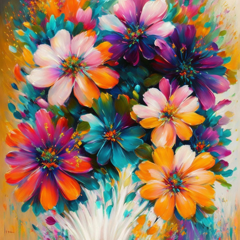 Colorful Impressionistic Flower Bouquet Painting in Pink, Red, Blue, and Orange