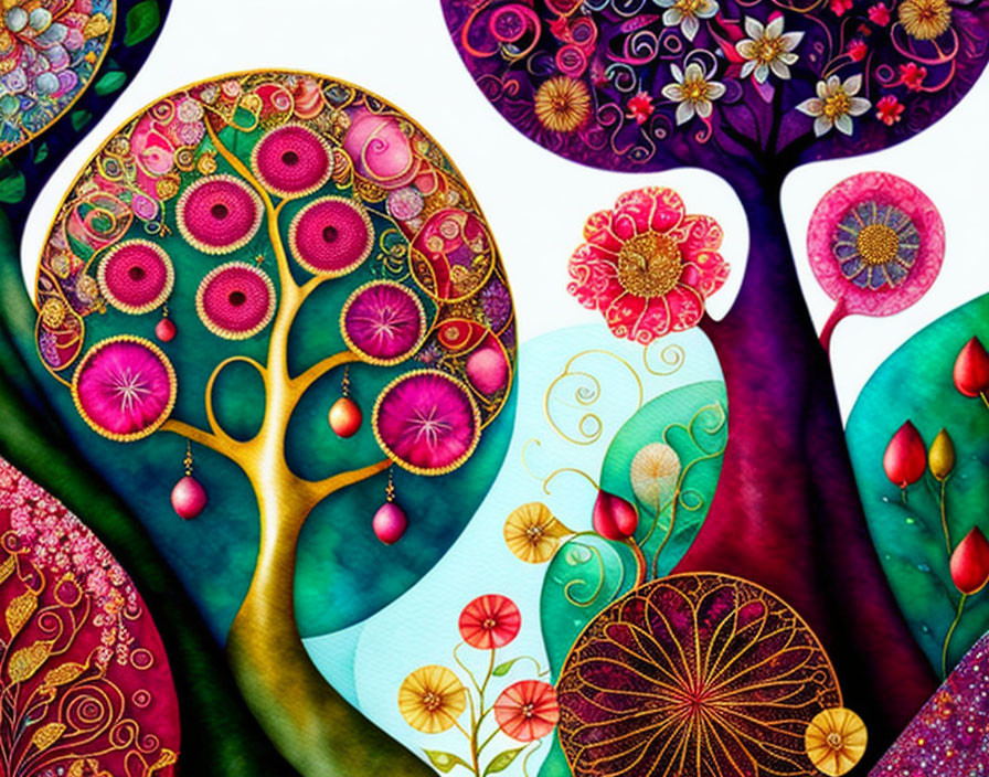 Vibrant tree art with circular patterns and floral motifs