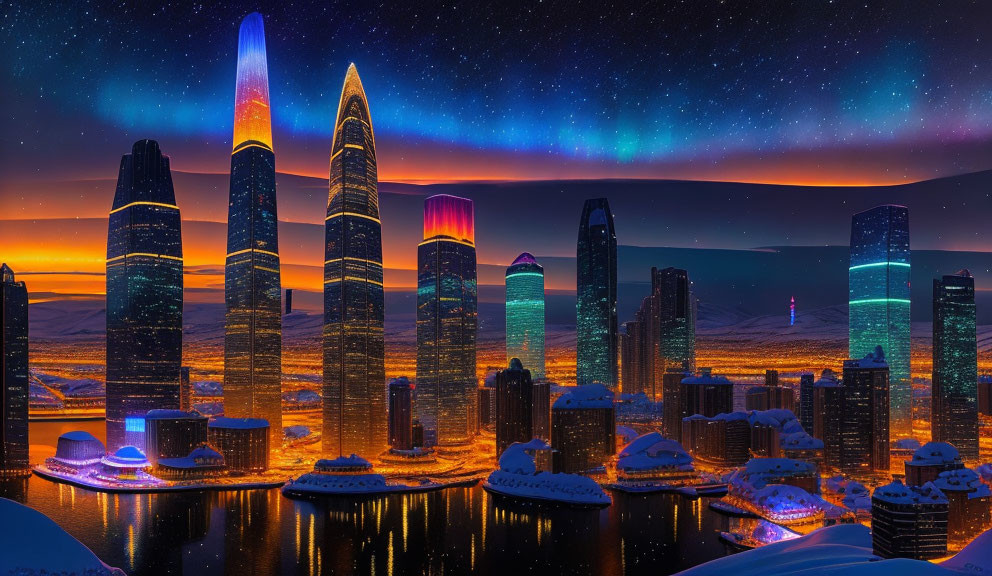 Futuristic night cityscape with illuminated skyscrapers, stars, water, and snow