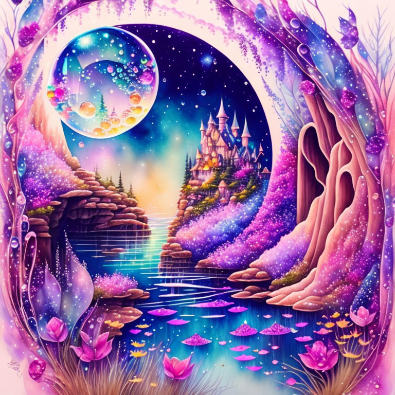 Whimsical landscape with castle, river, moonlit sky, colorful flora, and bubbles