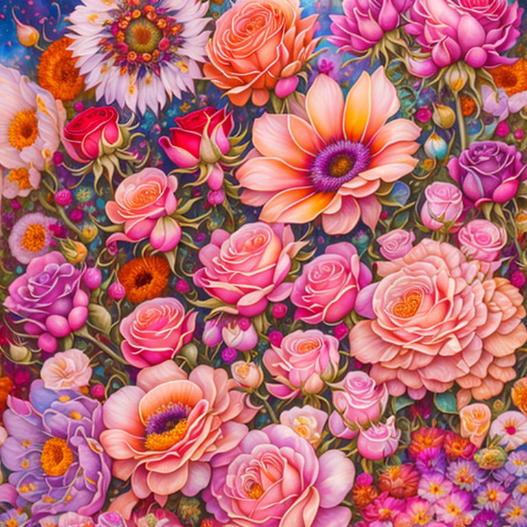 Assorted vibrant flowers in pink, red, orange, and purple hues.