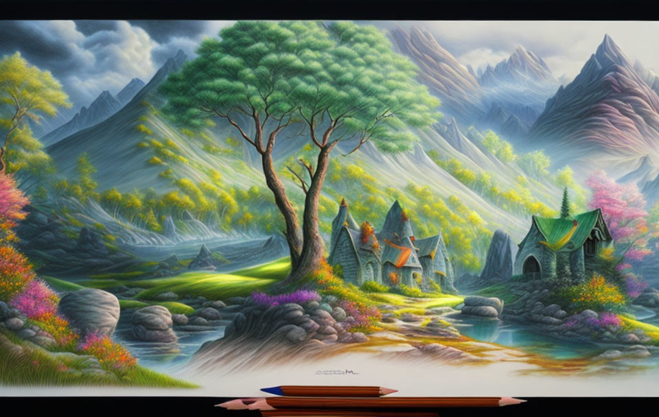 Colorful Fantasy Landscape with Tree, Flowers, Cottages & Mountains