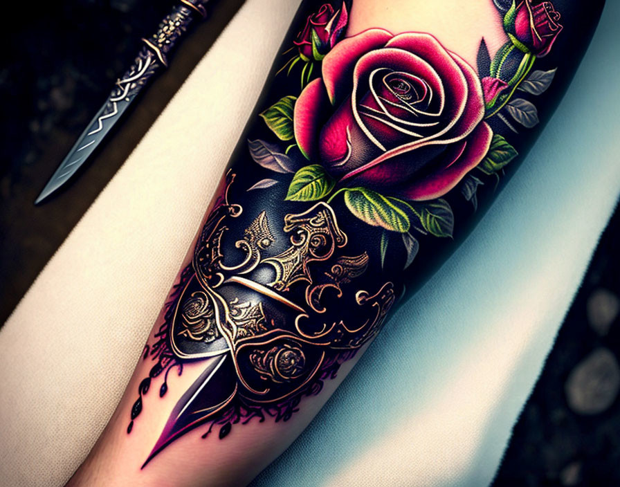 Red Rose Tattoo with Metallic Gold and Black Design on Forearm Near Dagger