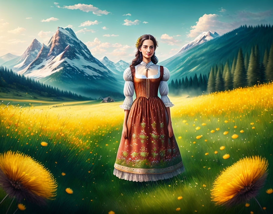 Woman in traditional dress in vibrant flower field with mountains and clear sky