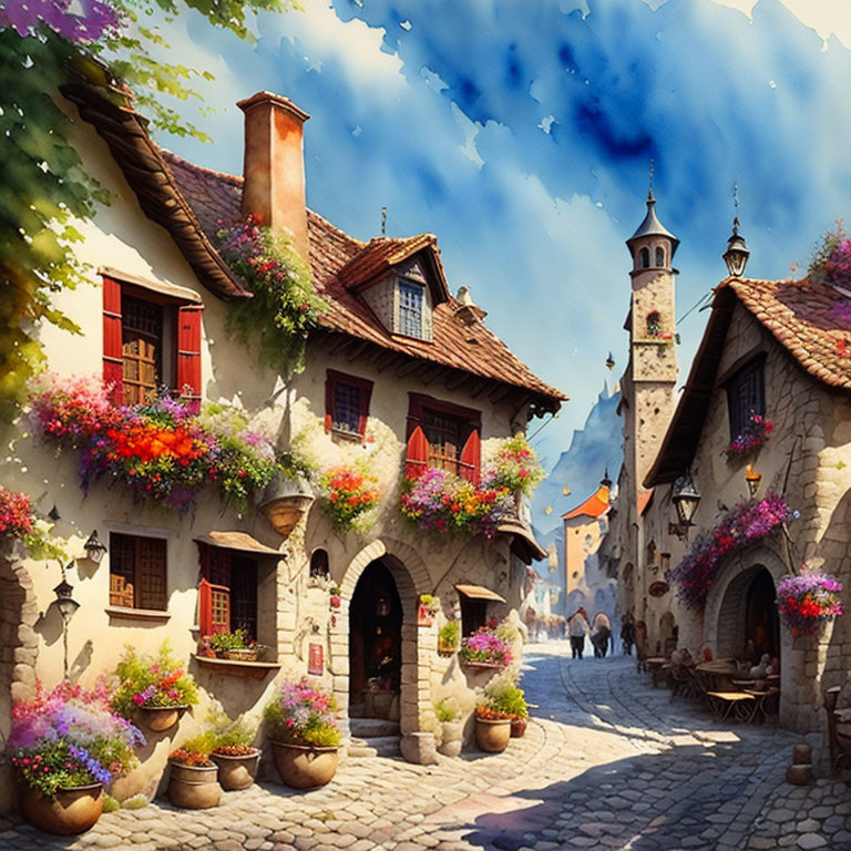 Picturesque cobblestone street with colorful houses and tower under blue sky