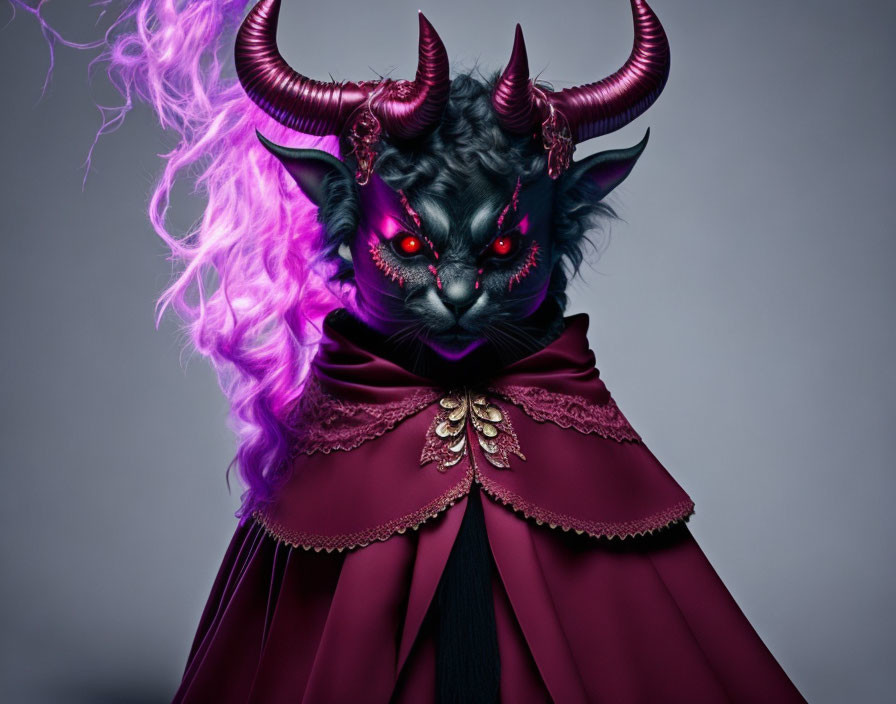 Black-faced figure with red eyes and horns in maroon cape on grey background with purple smoke