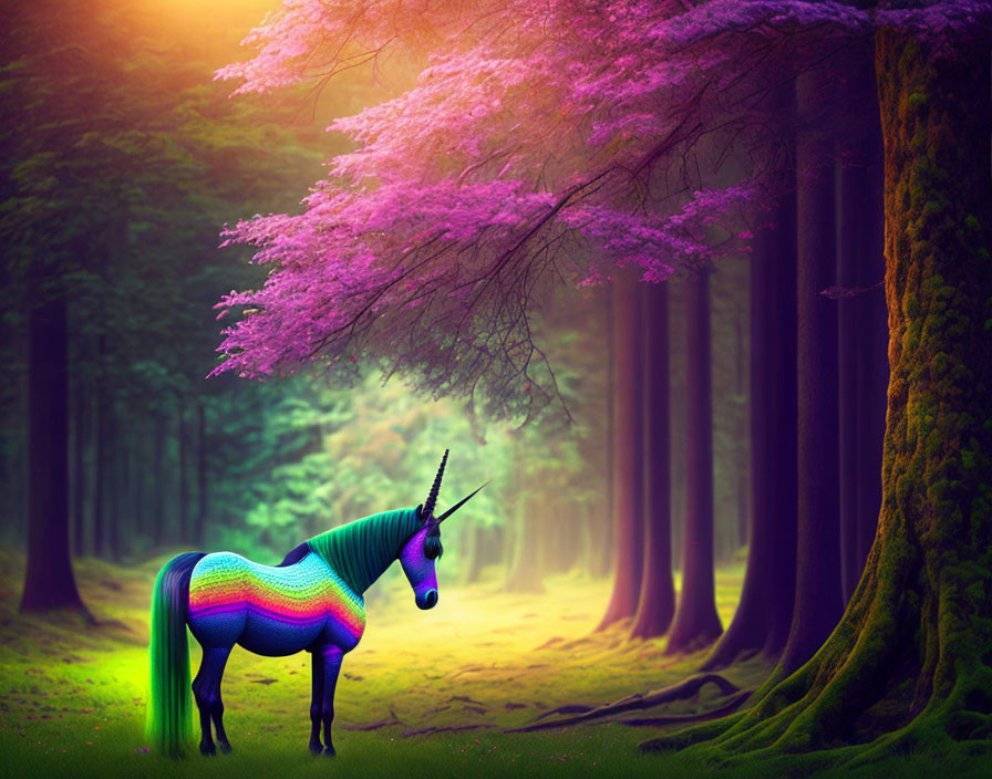 Colorful unicorn in mystical forest with pink-leaved trees