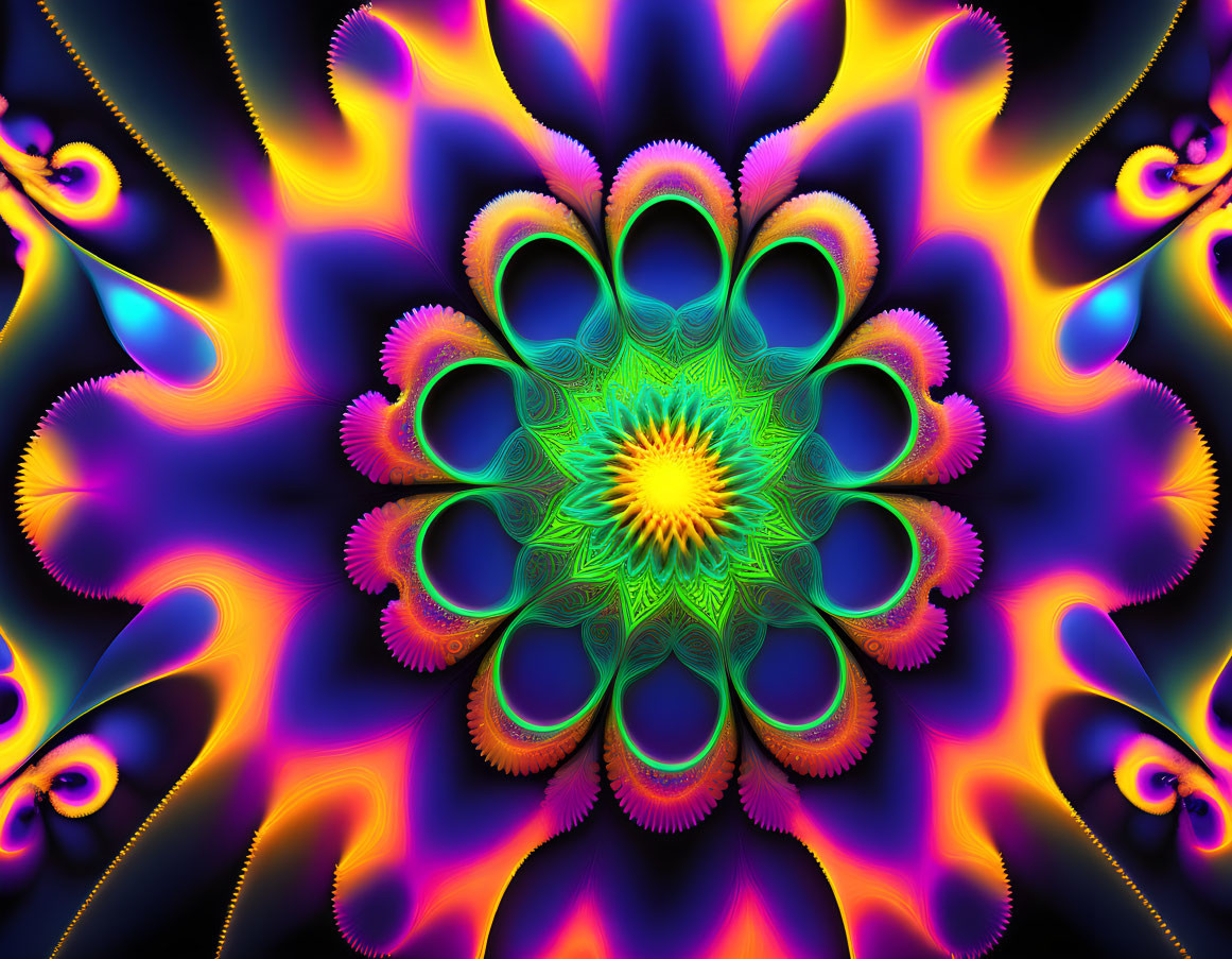 Symmetrical Neon Fractal Image with Vibrant Blue, Purple, Green, and Yellow Colors