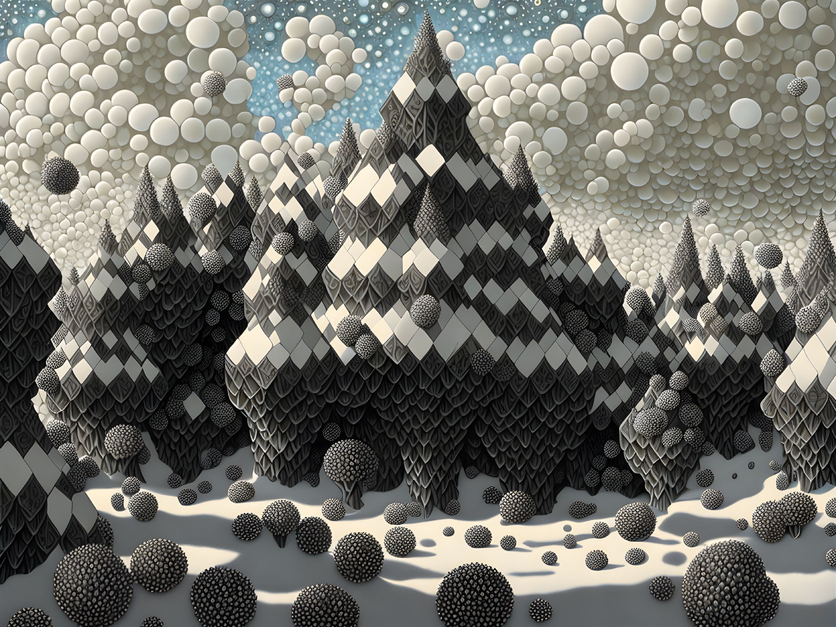 Monochrome patterned mountains, trees, and floating spheres in surreal landscape