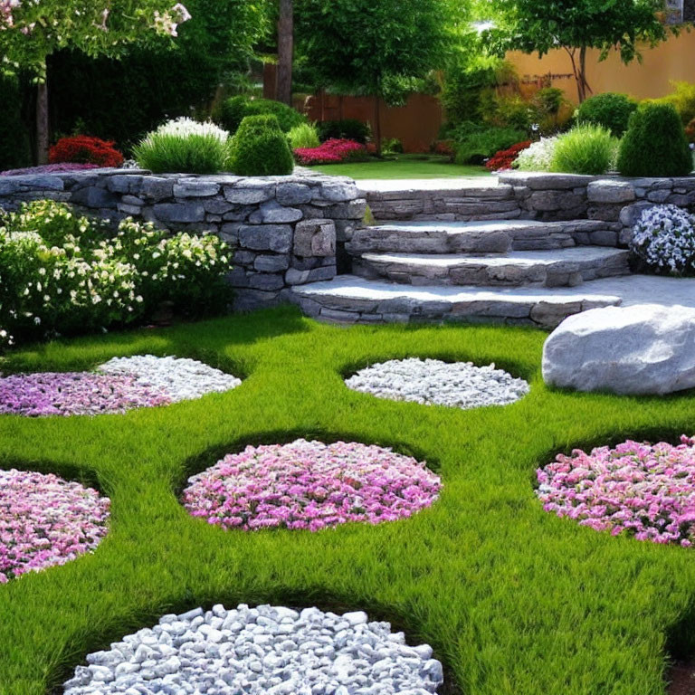 Manicured garden with stone steps, circular flower beds, lush grass, and trimmed hedges.