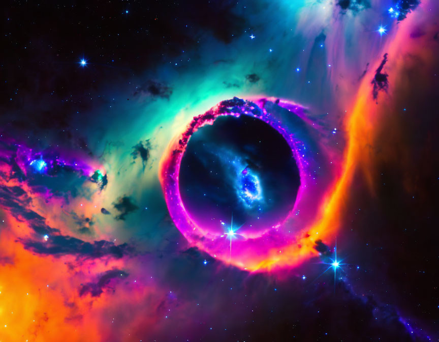 Colorful nebula, bright stars, and celestial eye in cosmic scene